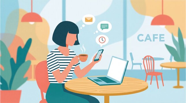 Young woman sitting at cafe table with laptop and coffee, checking smartphone messages. Scene depicts remote work, digital communication, and multitasking lifestyle.