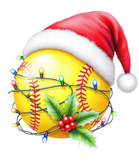 Festive softball wearing santa hat and decorated with christmas lights and holly, celebrating winter holidays and sports isolated on transparent background