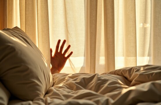 Hand reaching from under the covers in a sunlit bedroom scene with warm glow