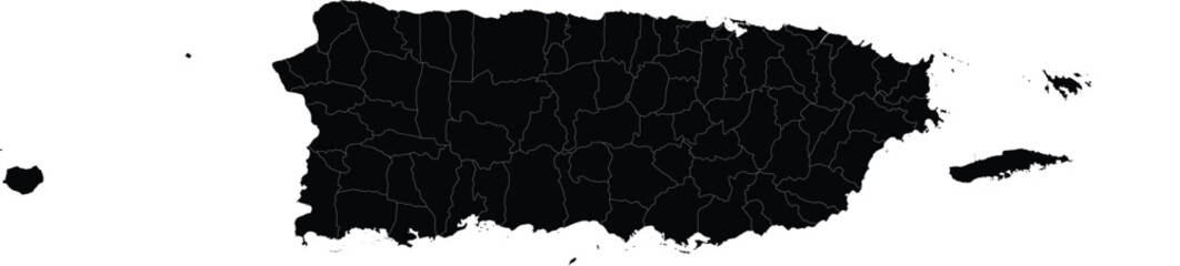 Detailed vector map of Puerto Rico black silhouette with regions isolated on white