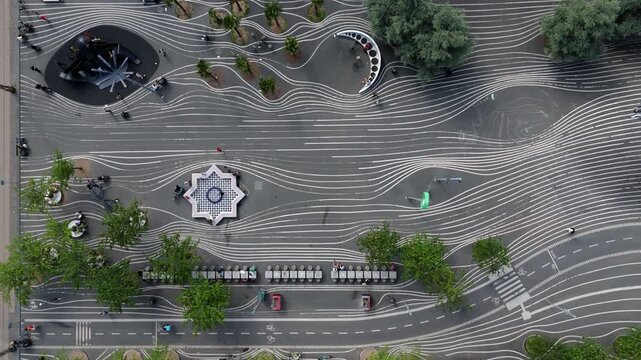 Top down aerial view of Superkilen Park, a public park located in the N&oslash;rrebro district of Copenhagen, Denmark.