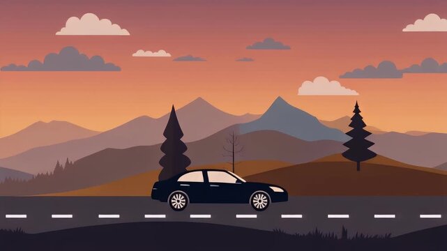 Animated car traveling on a scenic mountain highway at sunset with flat design style