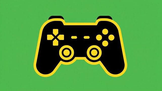 Stylized black and yellow video game controller icon on a bright green background