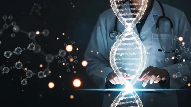 Scientist or doctor interacting with a glowing holographic dna double helix structure and molecular models in a dark, futuristic laboratory setting - Powered by Adobe