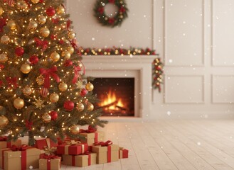 Christmas Magic: Lit Tree, Warm Fireplace, and Falling Snow Create a Cozy Holiday Scene with Stacked Presents