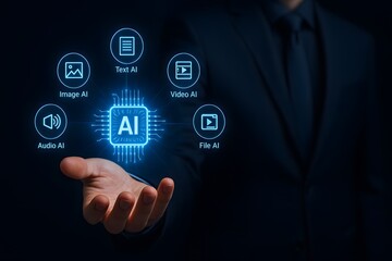 Fototapeta premium Futuristic ai technology interface with glowing icons hovering above a person s open hand