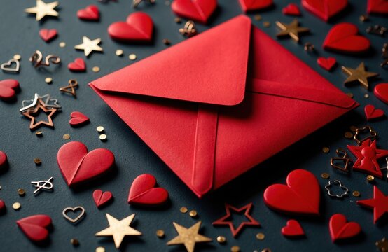 Red envelope rests among hearts and stars for a romantic Valentine mood