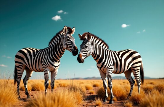 Zebras standing in sunlit grassland with clear turquoise sky and distant horizon
