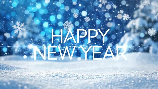 Happy New Year lettering in glowing white text appears over a snowy winter scene with falling snowflakes and bokeh lights, seasonal greeting concept.