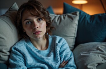 Woman sitting on sofa with contemplative expression in cozy living room