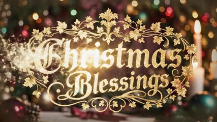 Golden glitter text Christmas Blessings appearing with sparkle effect over festive ornaments and candlelight for holiday greeting card.