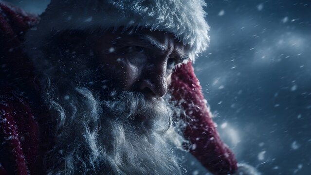 The Weight of the Night: Santa Claus, deep in thought, braves a snowy winter scene, embodying the solemnity of Christmas.