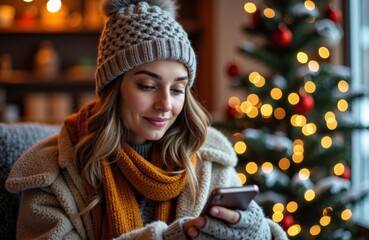 Woman using smartphone indoors wearing winter hat and scarf by Christmas tree lights