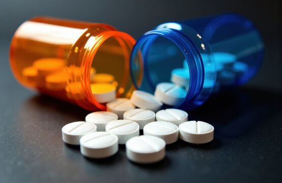 Pills spill from colorful bottles creating a medical still life for health settings