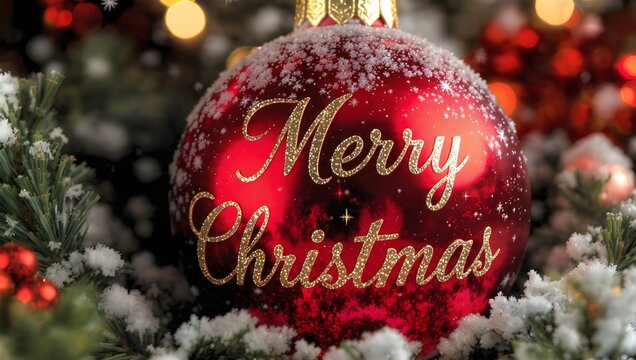 Christmas Ornament: A festive close-up of a red Christmas ornament, adorned with a Merry Christmas message, nestled among snowy boughs, evoking a sense of warmth and yuletide spirit.