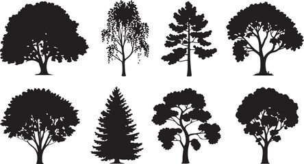 Collection of diverse tree silhouettes in black and white