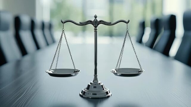 Law justice balance scale courtroom legal equality fairness ethics decision corporate verdict integrity modern metal balance scales conference table