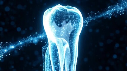 Abstract glowing blue digital representation of a human molar tooth structure with light particles and energy flow in a dark background, symbolizing dental health technology - Powered by Adobe