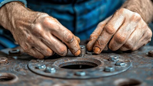 Mechanic hands bolt nut thread rust metal workshop gritty mechanic hands tighten bolt and nut rusty metal flange with focus detail craft closeup