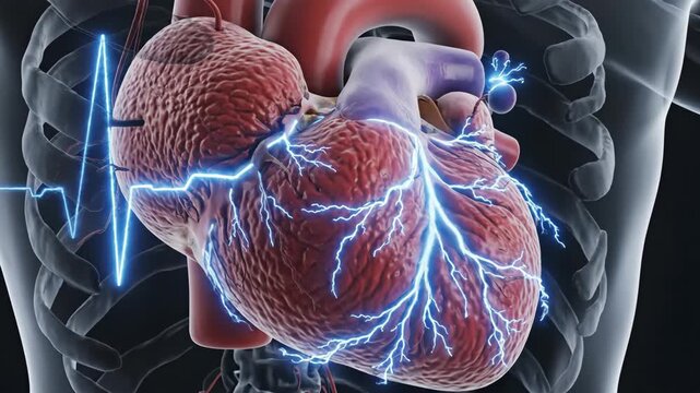 Anatomical illustration of a human heart, with glowing electrical charges. Showing  heart beat waves and rib cage
