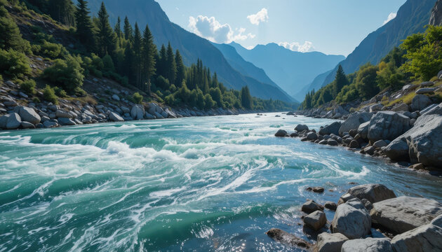 Turquoise river flows through a rocky mountain landscape - Powered by Adobe