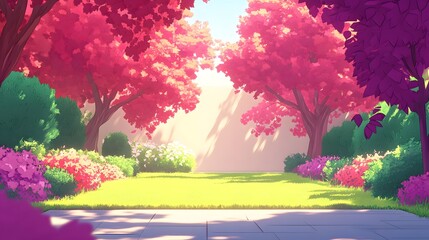 Brightly illuminated park clearing bordered by vividly colored foliage and manicured greenery