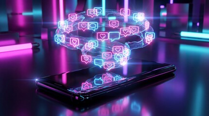 3D smartphone with swirling neon heart and bubble icons. Futuristic concept of digital communication and social media data flow. Ideal for technology and marketing visuals.