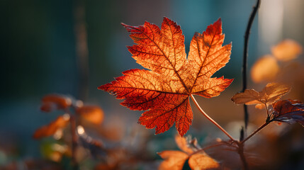 A vibrant maple leaf glowing in the sunlight during the autumn season outdoors