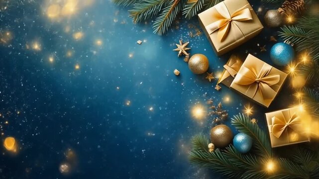 Festive Christmas Holiday Background with Golden Gifts and Ornaments.