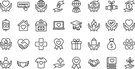 Charity and Donation Icons Set, Giving, Volunteering, Help, and Support Vector Line Symbols for Fundraising, Healthcare, Education, and Non-profit Organizations.