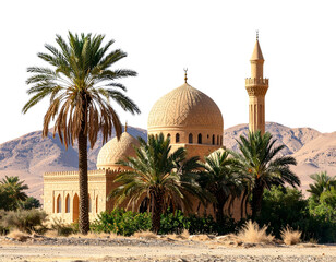 Vintage Desert Mosque with Sandstone Texture and Palm Trees, Distant Landscape View, Isolated PNG