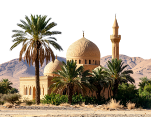 Vintage Desert Mosque with Sandstone Texture and Palm Trees, Distant Landscape View, Isolated PNG