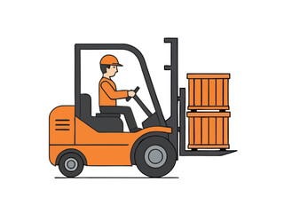 Vibrant illustration of a dedicated worker operating an orange forklift, efficiently managing cargo and symbolizing the core of modern logistics and warehouse operations
