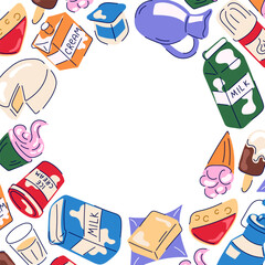 Frame with dairy product milk, cheese, butter, yogurt, cream and ice cream in flat style isolated on a white background.