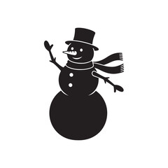 Black Silhouette of Waving Snowman with Top Hat and Scarf
