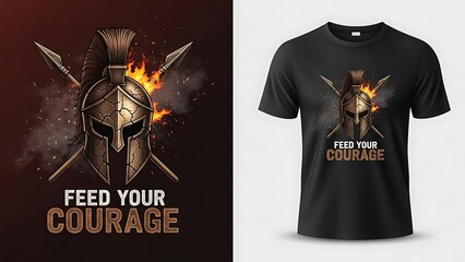 Feed your courage motivational warrior helmet design spartan theme with fire and crossed spears