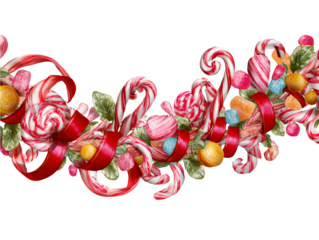  Whimsical candy-themed holiday garland with lollipops and peppermint swirls isolated on transparent background