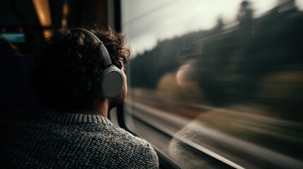 Obraz premium A young person wearing headphones gazes out of the train window taking in the passing landscape of trees and hills during the late afternoon.