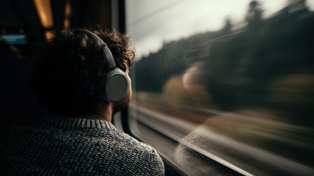 Fototapeta A young person wearing headphones gazes out of the train window taking in the passing landscape of trees and hills during the late afternoon.