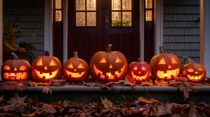 Obraz premium Enchanting halloween evening featuring glowing jack o lanterns and cozy ambient porch lighting
