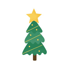 Christmas tree with star  and baubles isolated on white background. Minimalistic tree with grain texture. Merry Christmas and Happy New Year tree. Flat design. Vector illustration 