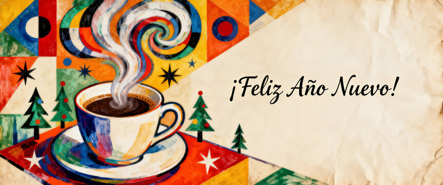 Colorful painting of a steaming cup of coffee in a vibrant festive hand-drawn setting - wide banner with ¡Feliz Año Nuevo! sign on rustic beige background
