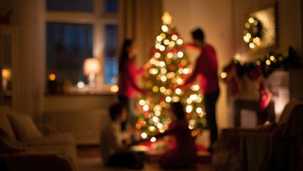 Fully blurred festive scene with a family decorating a glowing Christmas tree in a warm, cozy living room, creating a dreamy holiday atmosphere filled with soft lights and warm tones