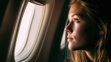 A young woman gazes thoughtfully out of an airplane window. The soft light casts shadows on her face as she reflects on her travel experience high above the clouds.