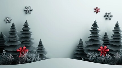 Pine trees and snowflakes with red ribbon bow decoration on right side against winter background, seasonal holiday concept