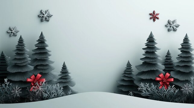 Pine trees and snowflakes with red ribbon bow decoration on right side against winter background, seasonal holiday concept