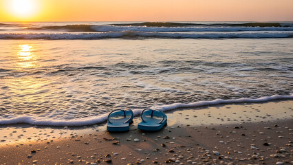 Blue flip flops sitting on the beach sand with waves and a sunset in the background scene view