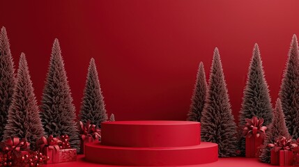 Red podium with Christmas trees and gifts on red background for product presentation