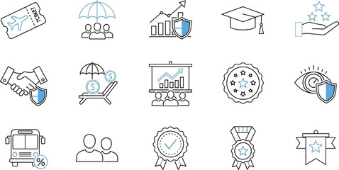 Collection of insurance, protection, travel safety, financial security, education benefits, rewards, and customer support outline icons for modern service design