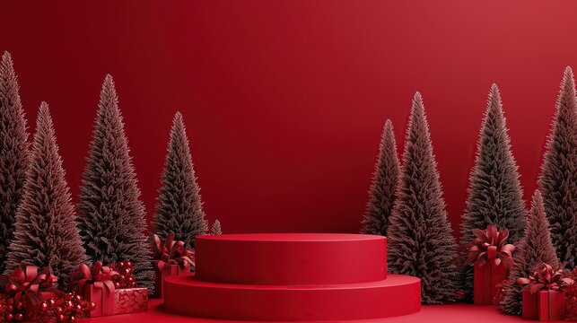 Red podium with Christmas trees and gifts on red background for product presentation